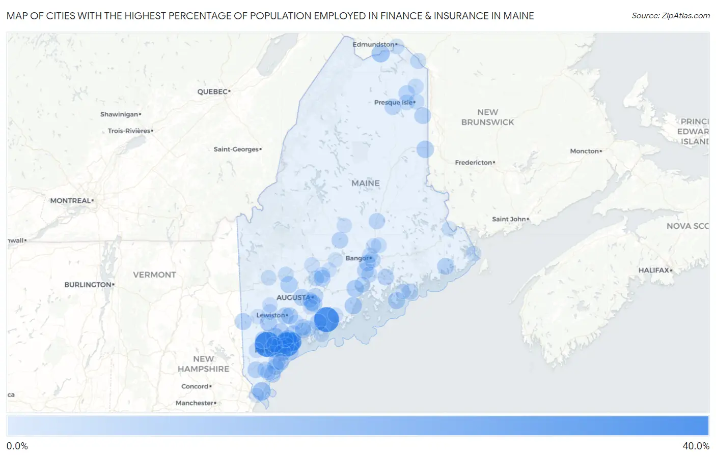 Cities with the Highest Percentage of Population Employed in Finance & Insurance in Maine Map
