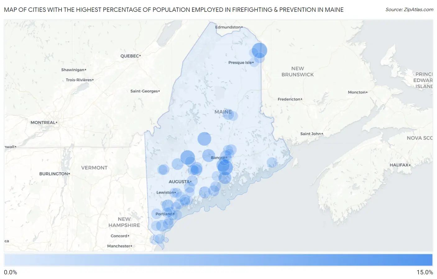 Cities with the Highest Percentage of Population Employed in Firefighting & Prevention in Maine Map