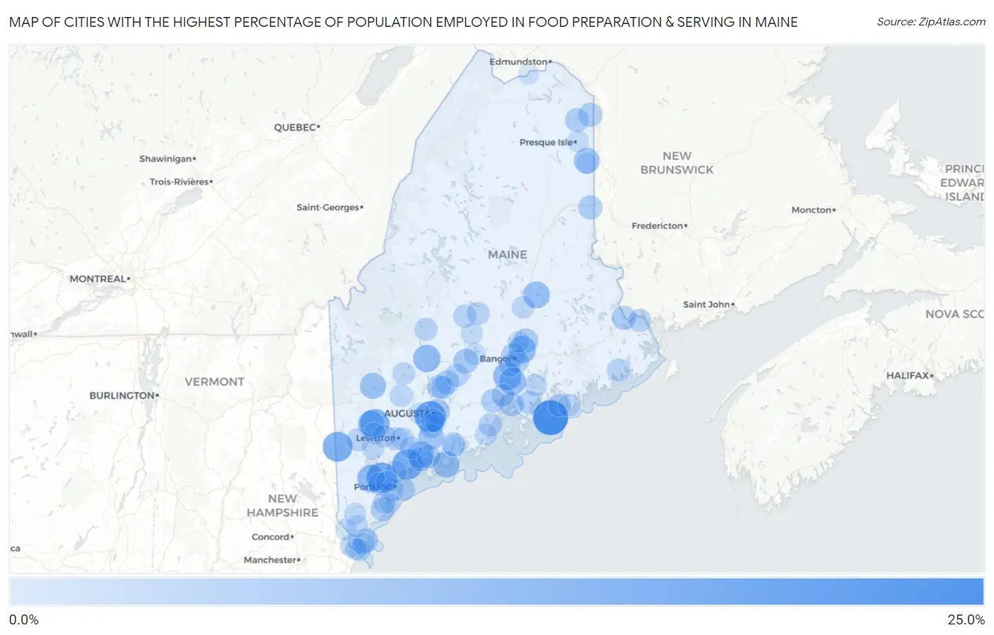 Cities with the Highest Percentage of Population Employed in Food Preparation & Serving in Maine Map