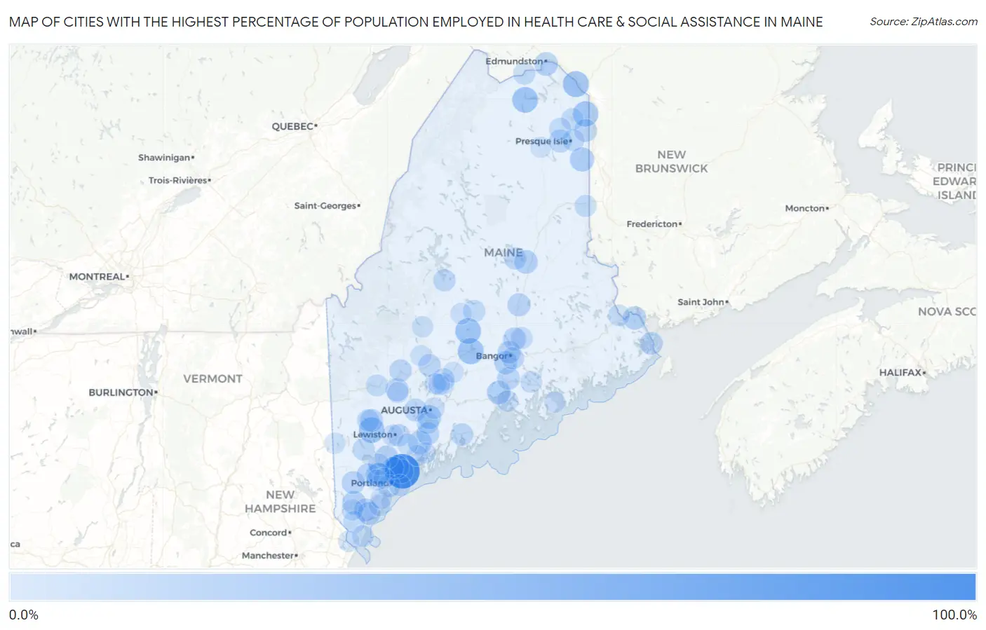Cities with the Highest Percentage of Population Employed in Health Care & Social Assistance in Maine Map