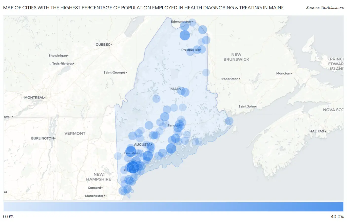 Cities with the Highest Percentage of Population Employed in Health Diagnosing & Treating in Maine Map