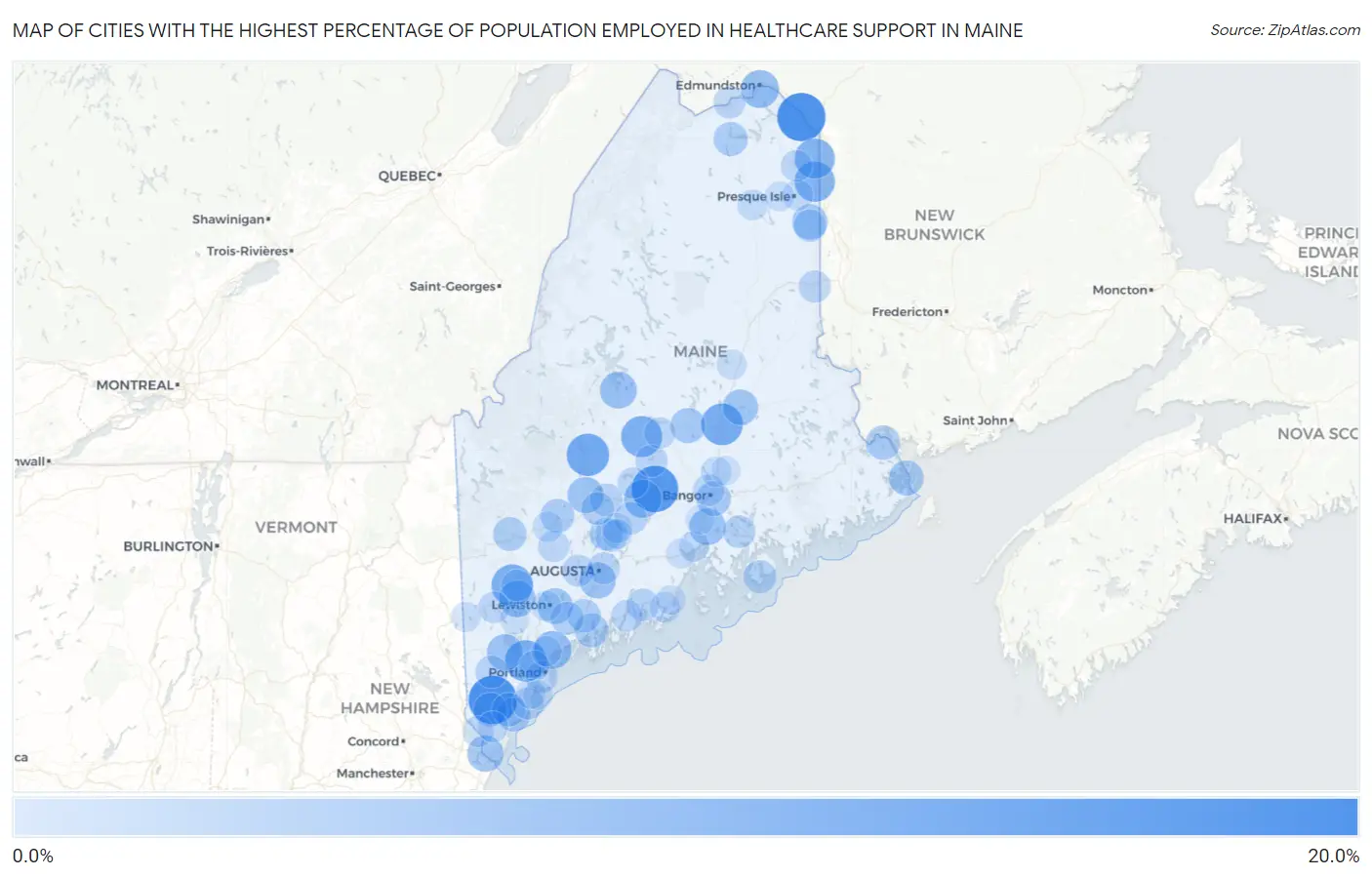 Cities with the Highest Percentage of Population Employed in Healthcare Support in Maine Map