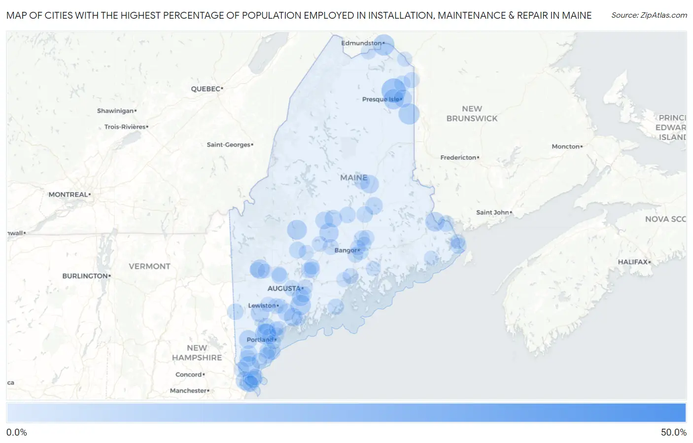 Cities with the Highest Percentage of Population Employed in Installation, Maintenance & Repair in Maine Map