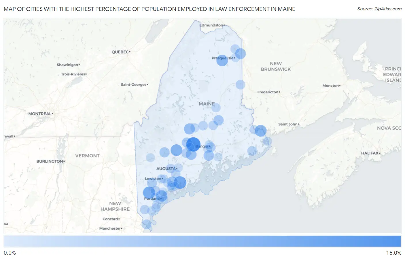 Cities with the Highest Percentage of Population Employed in Law Enforcement in Maine Map