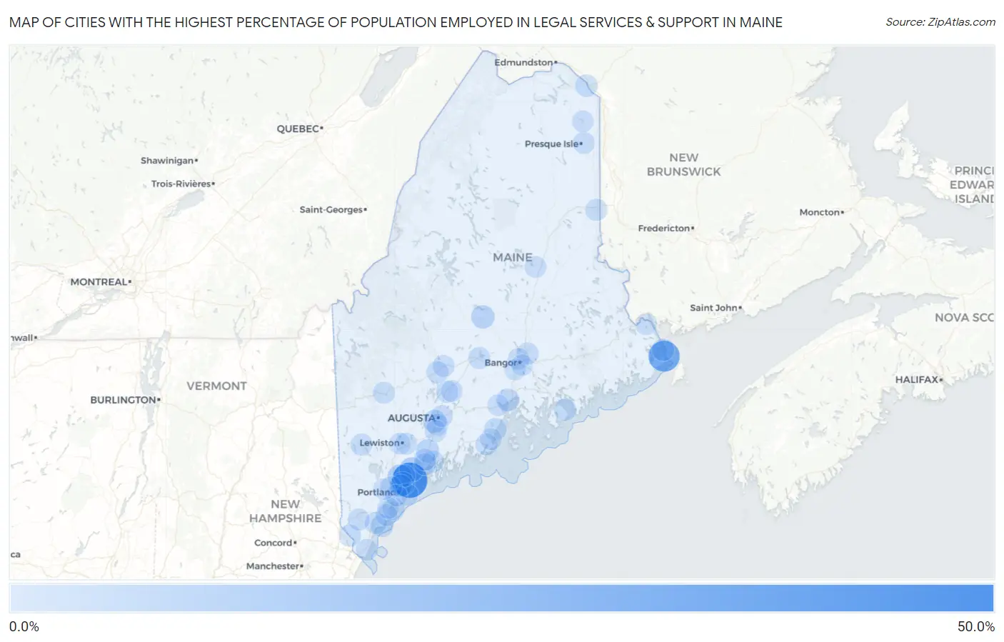 Cities with the Highest Percentage of Population Employed in Legal Services & Support in Maine Map