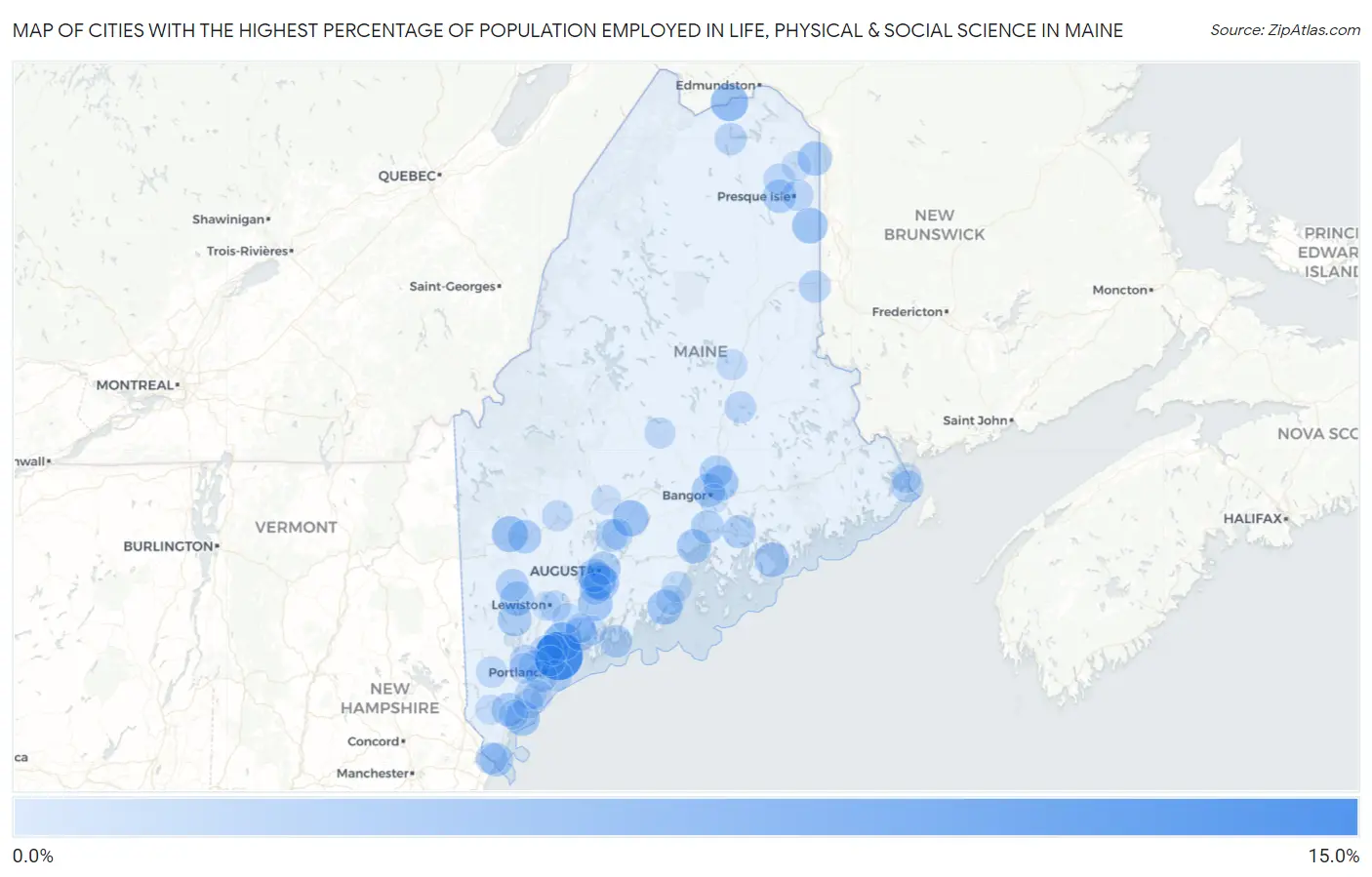 Cities with the Highest Percentage of Population Employed in Life, Physical & Social Science in Maine Map