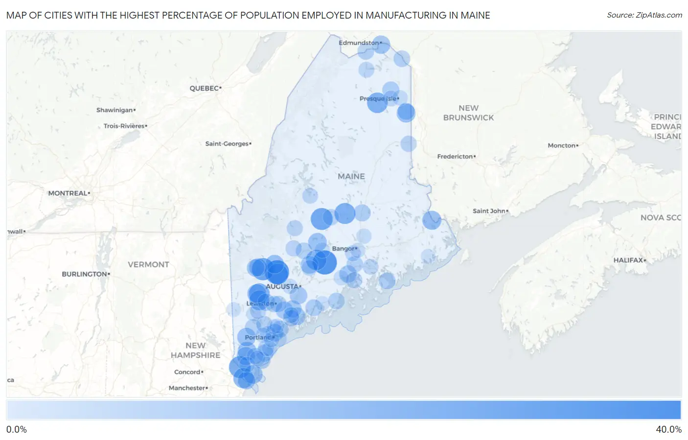 Cities with the Highest Percentage of Population Employed in Manufacturing in Maine Map