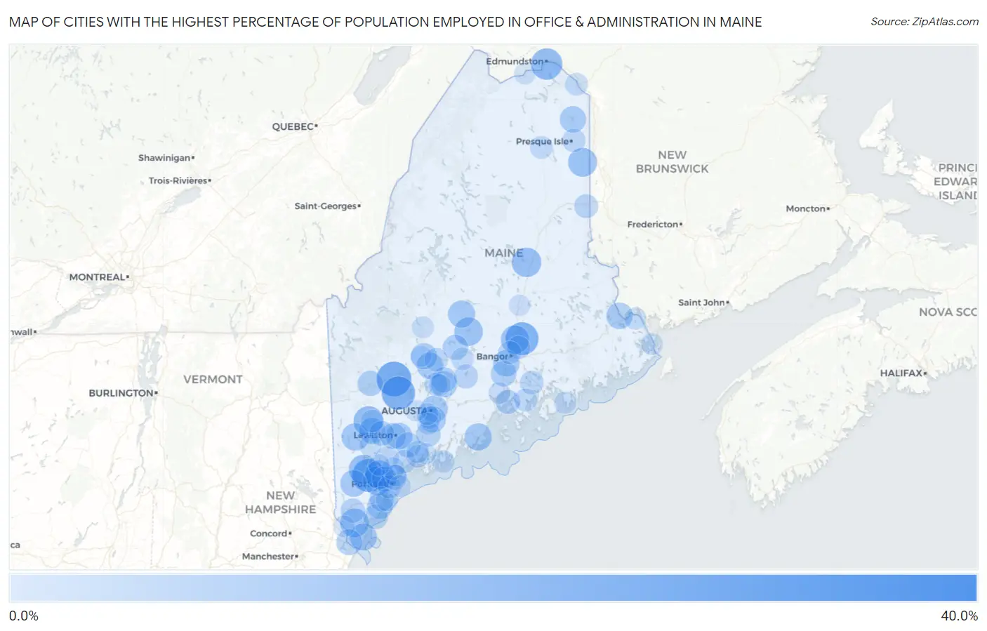 Cities with the Highest Percentage of Population Employed in Office & Administration in Maine Map