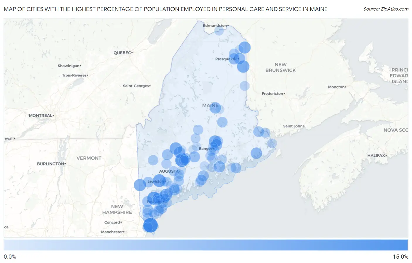 Cities with the Highest Percentage of Population Employed in Personal Care and Service in Maine Map