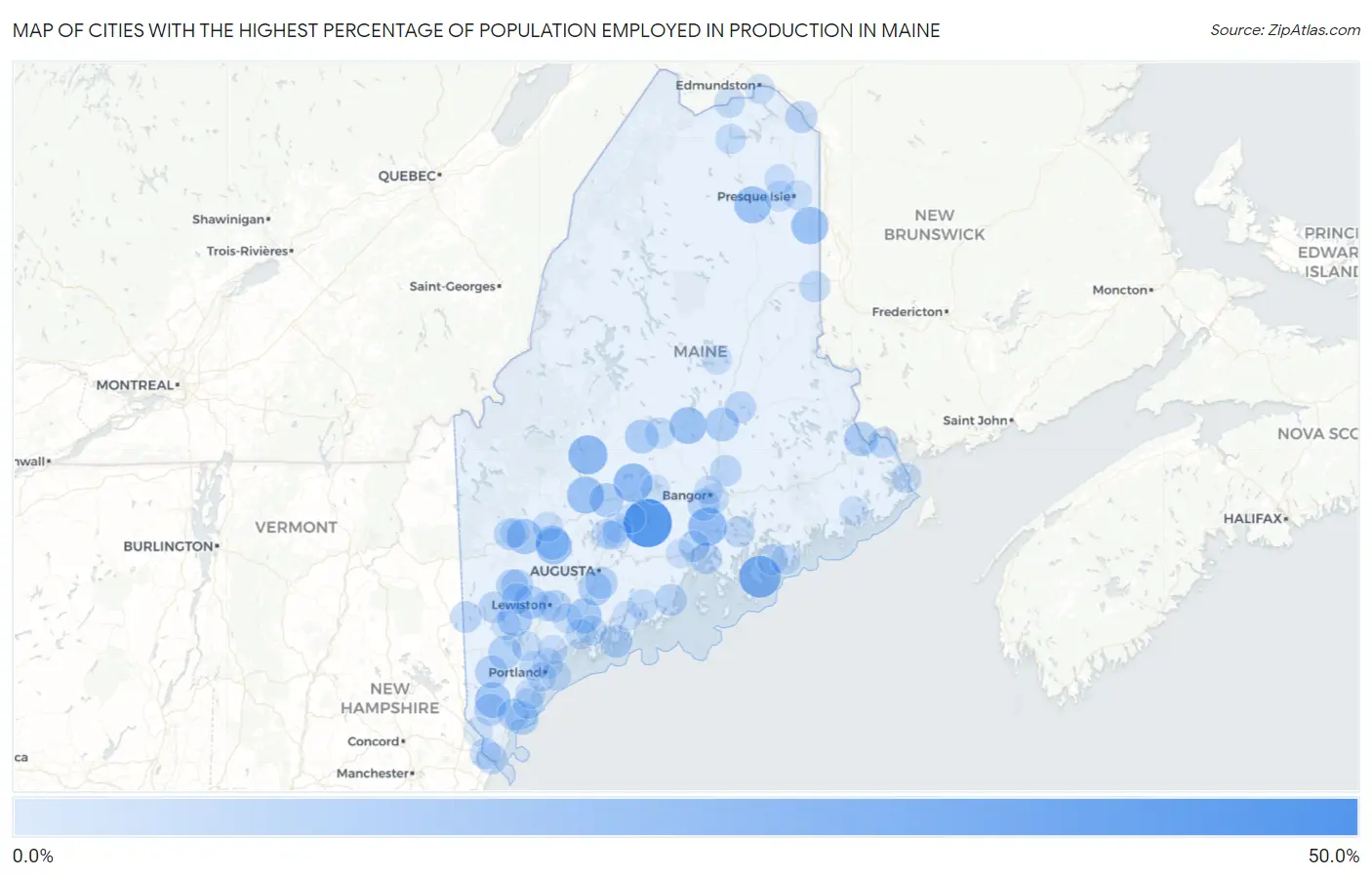 Cities with the Highest Percentage of Population Employed in Production in Maine Map