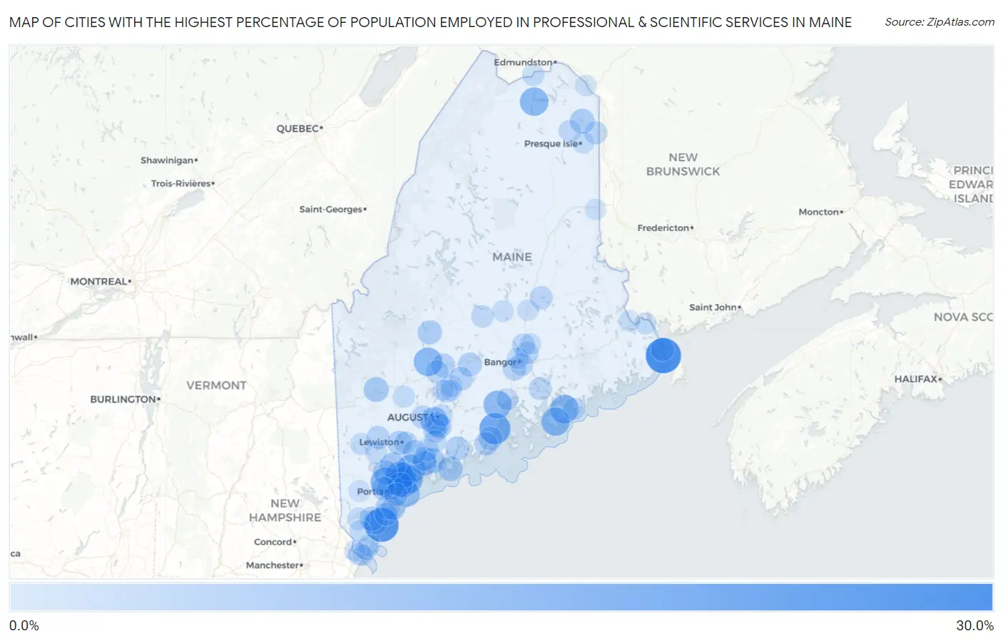 Cities with the Highest Percentage of Population Employed in Professional & Scientific Services in Maine Map