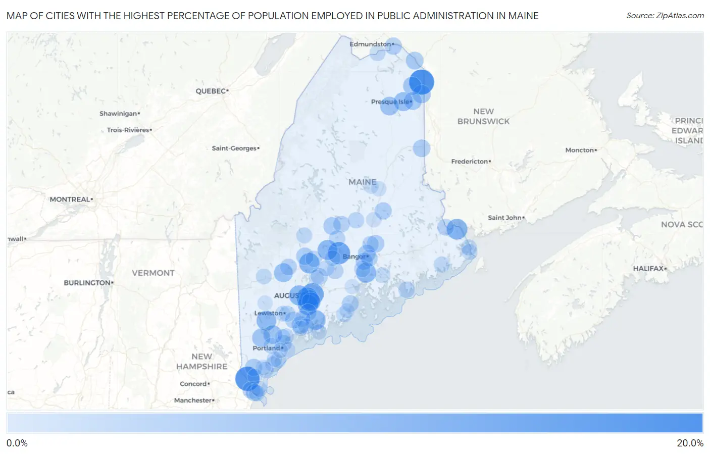 Cities with the Highest Percentage of Population Employed in Public Administration in Maine Map