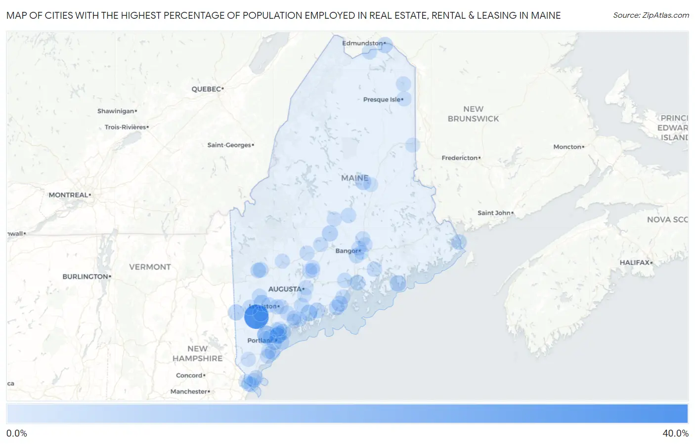 Cities with the Highest Percentage of Population Employed in Real Estate, Rental & Leasing in Maine Map