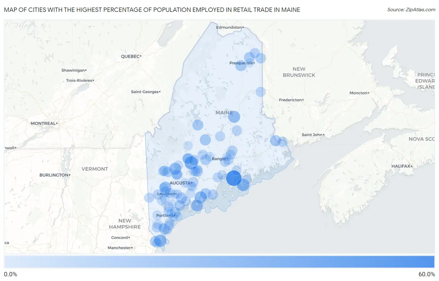 Cities with the Highest Percentage of Population Employed in Retail Trade in Maine Map