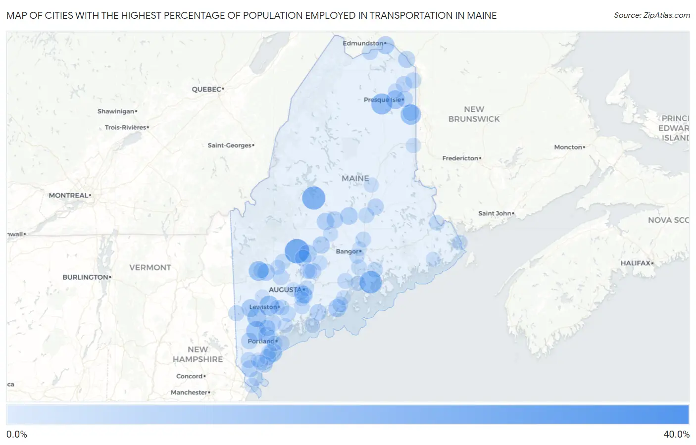 Cities with the Highest Percentage of Population Employed in Transportation in Maine Map