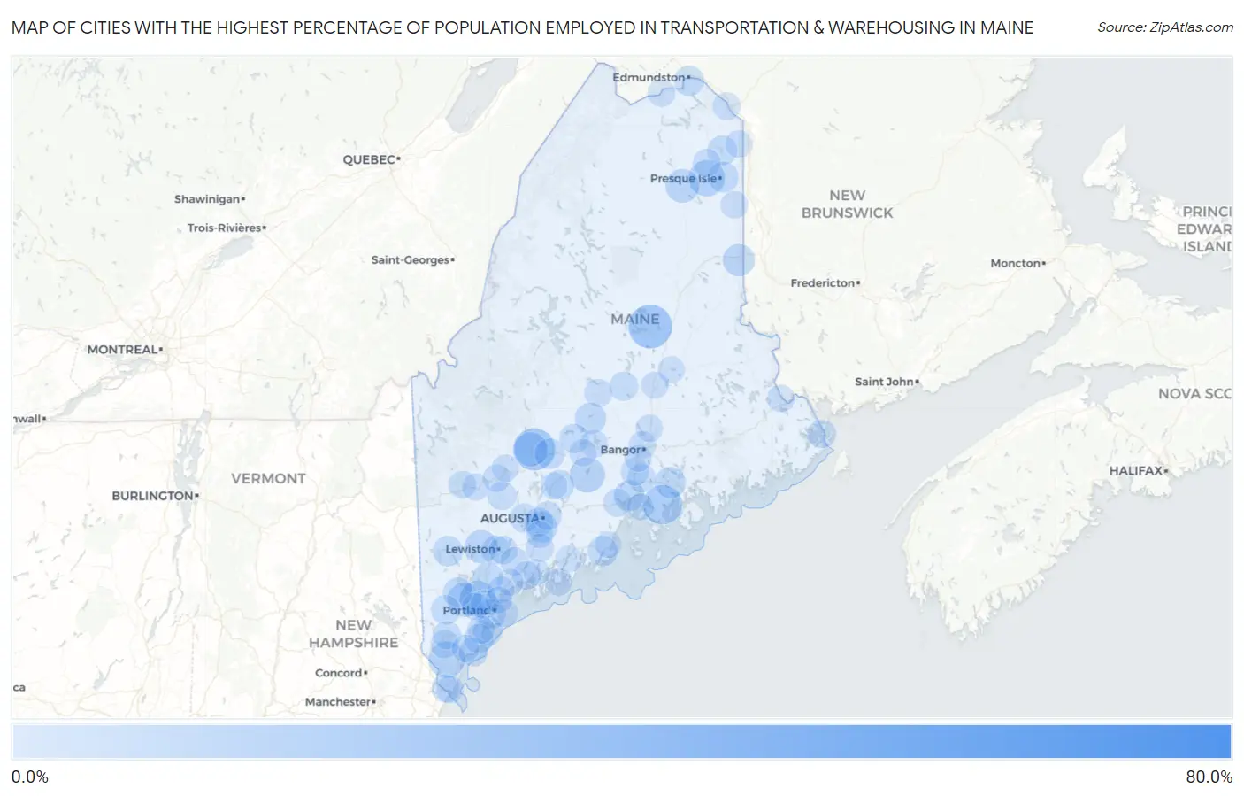 Cities with the Highest Percentage of Population Employed in Transportation & Warehousing in Maine Map