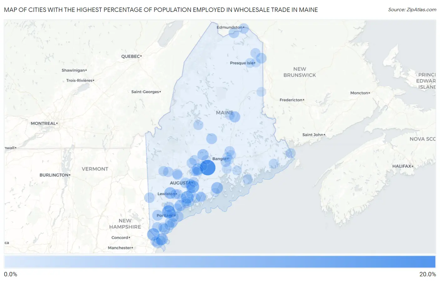 Cities with the Highest Percentage of Population Employed in Wholesale Trade in Maine Map