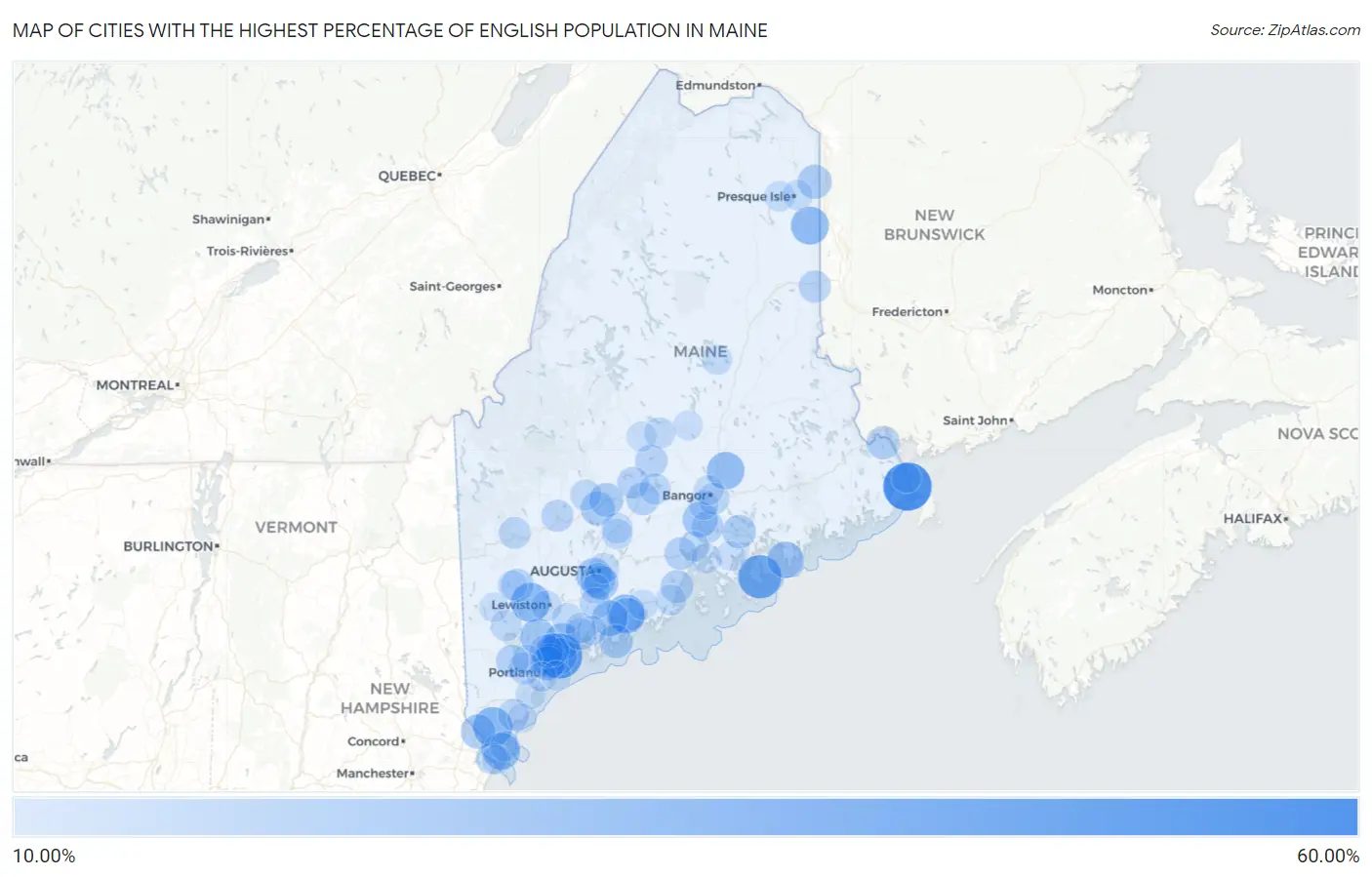 Cities with the Highest Percentage of English Population in Maine Map