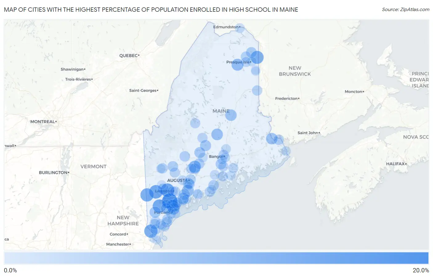 Cities with the Highest Percentage of Population Enrolled in High School in Maine Map