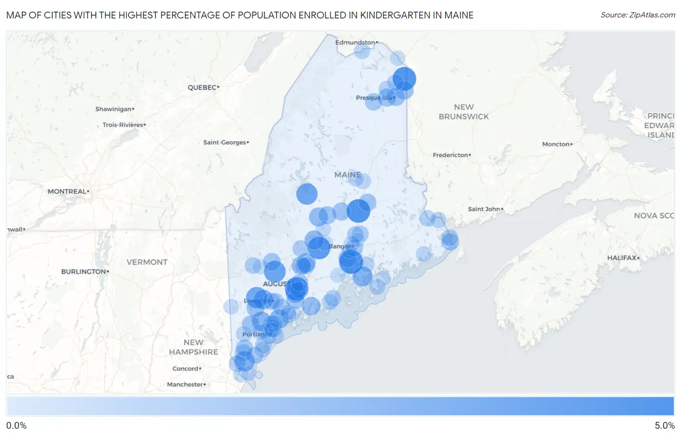 Cities with the Highest Percentage of Population Enrolled in Kindergarten in Maine Map