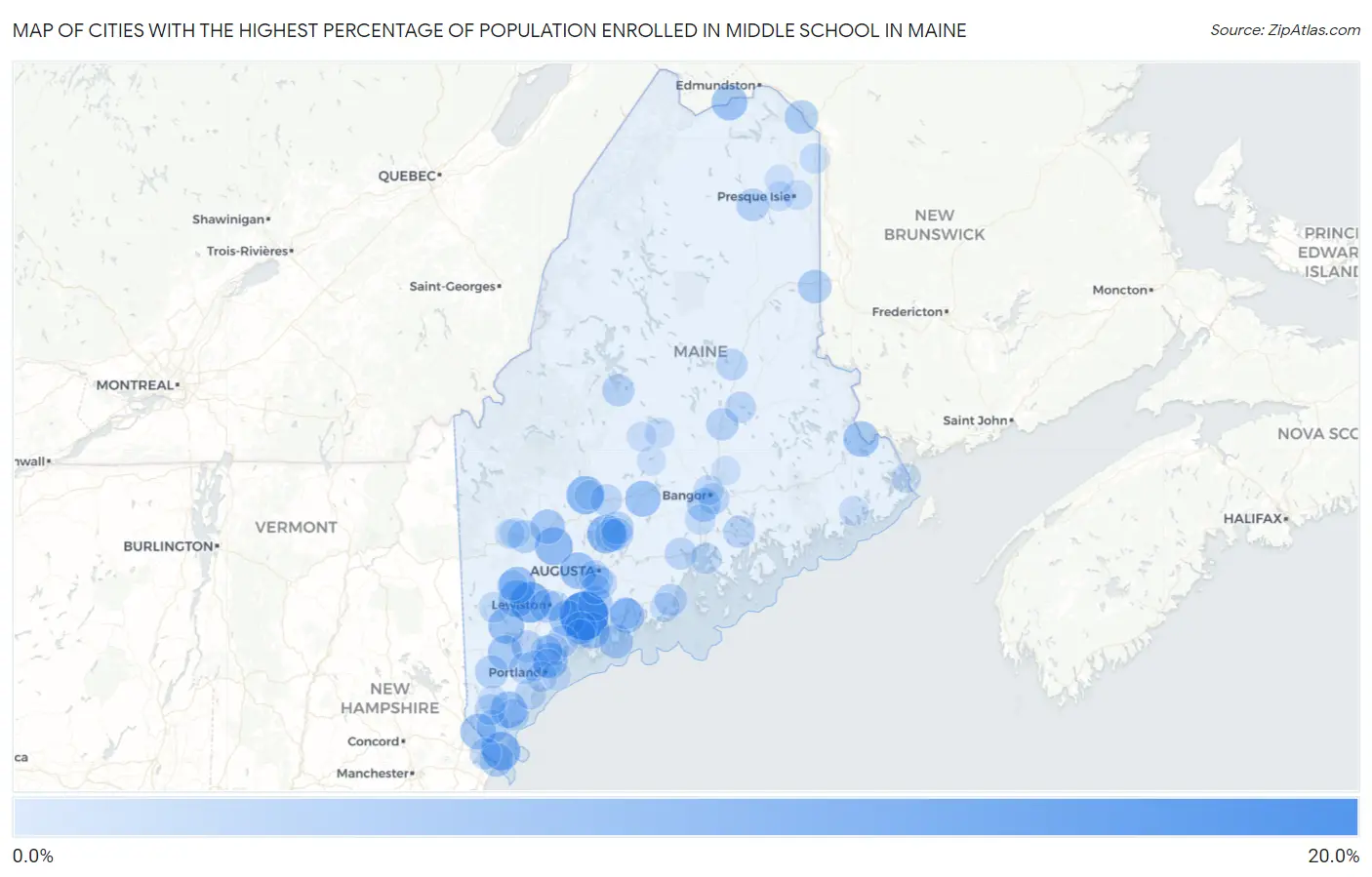 Cities with the Highest Percentage of Population Enrolled in Middle School in Maine Map