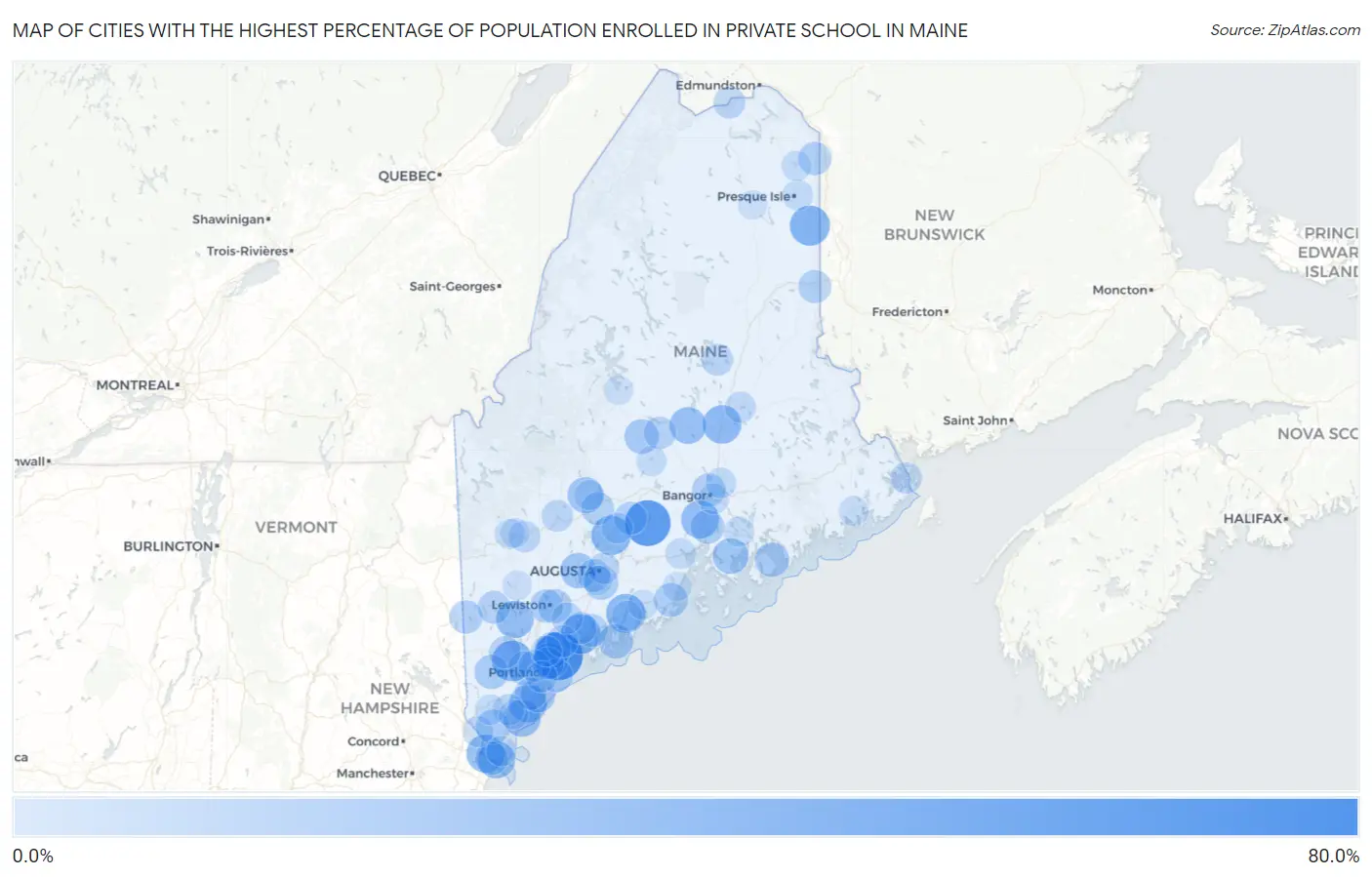 Cities with the Highest Percentage of Population Enrolled in Private School in Maine Map