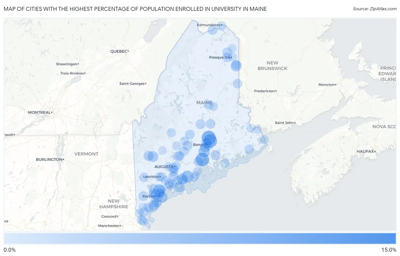 Cities with the Highest Percentage of Population Enrolled in University in Maine Map
