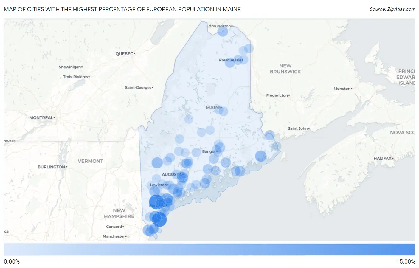 Cities with the Highest Percentage of European Population in Maine Map