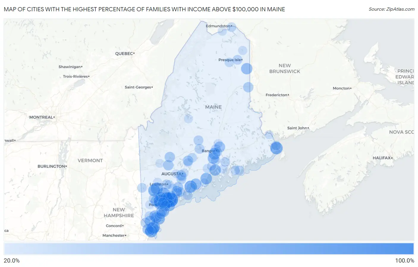 Cities with the Highest Percentage of Families with Income Above $100,000 in Maine Map