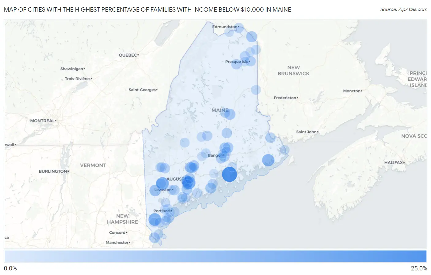 Cities with the Highest Percentage of Families with Income Below $10,000 in Maine Map