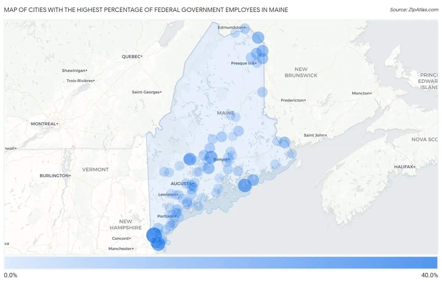 Cities with the Highest Percentage of Federal Government Employees in Maine Map