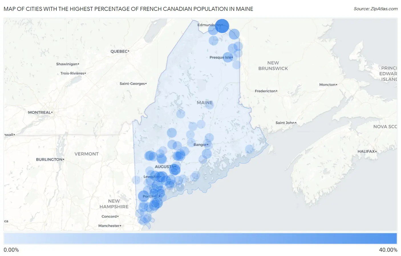 Cities with the Highest Percentage of French Canadian Population in Maine Map