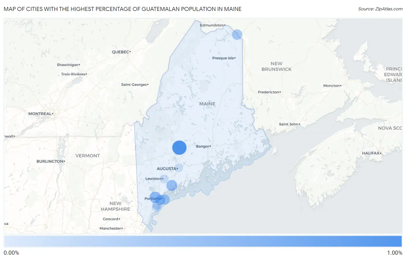 Cities with the Highest Percentage of Guatemalan Population in Maine Map