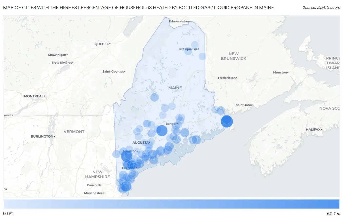 Cities with the Highest Percentage of Households Heated by Bottled Gas / Liquid Propane in Maine Map