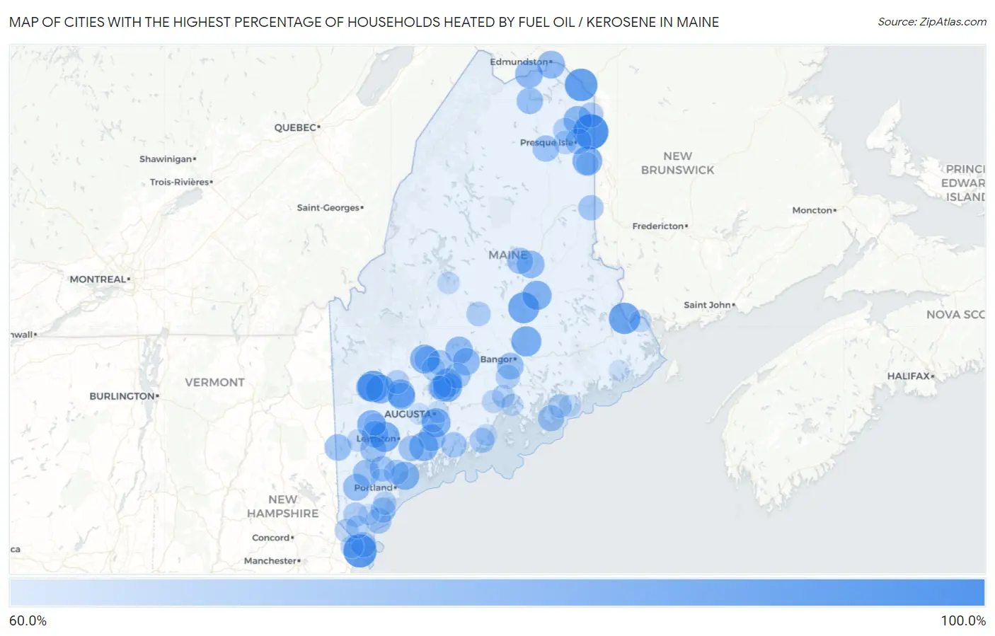 Cities with the Highest Percentage of Households Heated by Fuel Oil / Kerosene in Maine Map