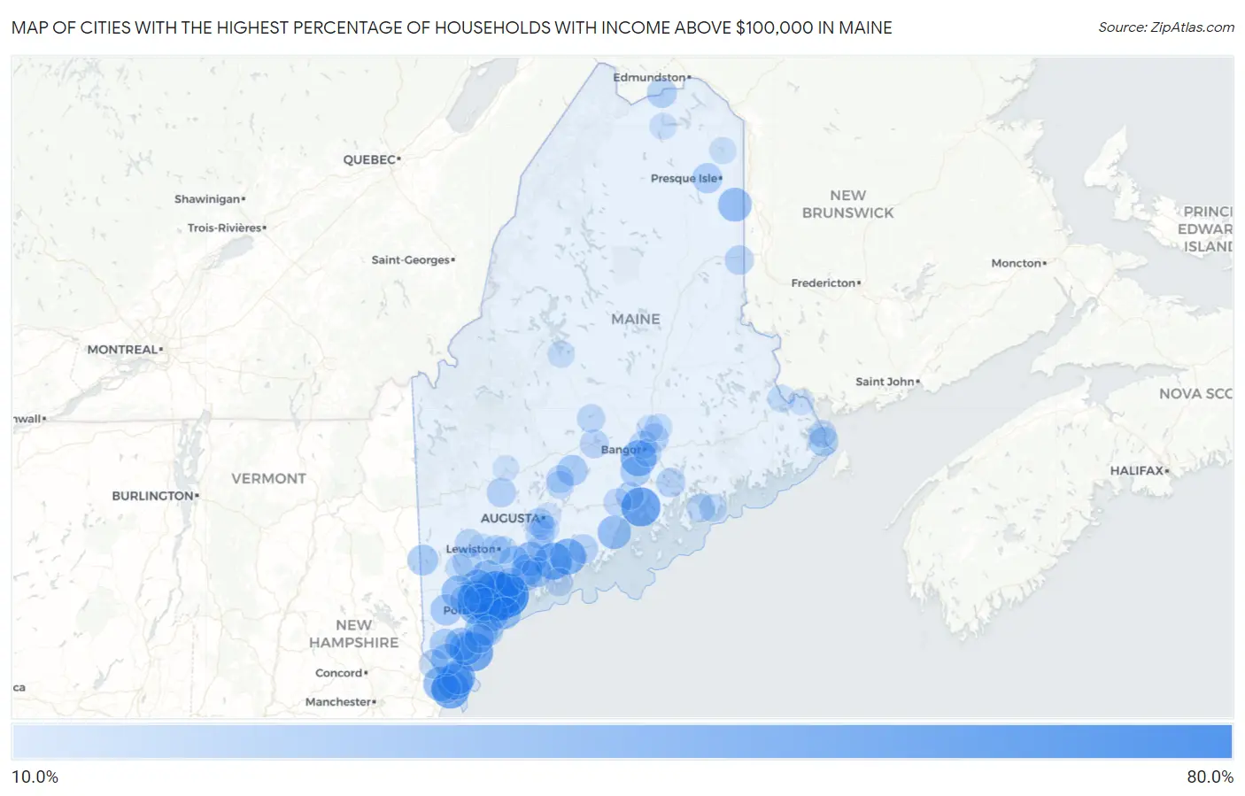 Cities with the Highest Percentage of Households with Income Above $100,000 in Maine Map