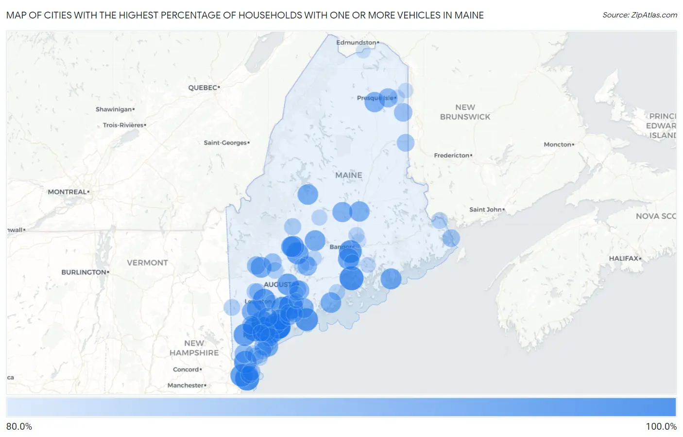 Cities with the Highest Percentage of Households With One or more Vehicles in Maine Map