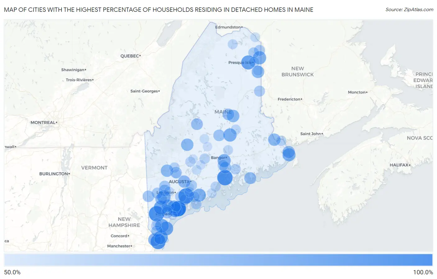 Cities with the Highest Percentage of Households Residing in Detached Homes in Maine Map
