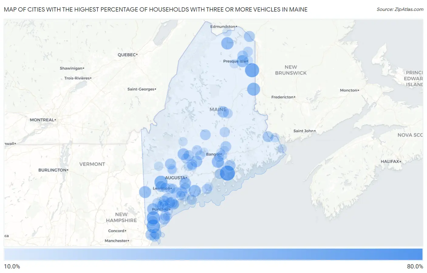 Cities with the Highest Percentage of Households With Three or more Vehicles in Maine Map