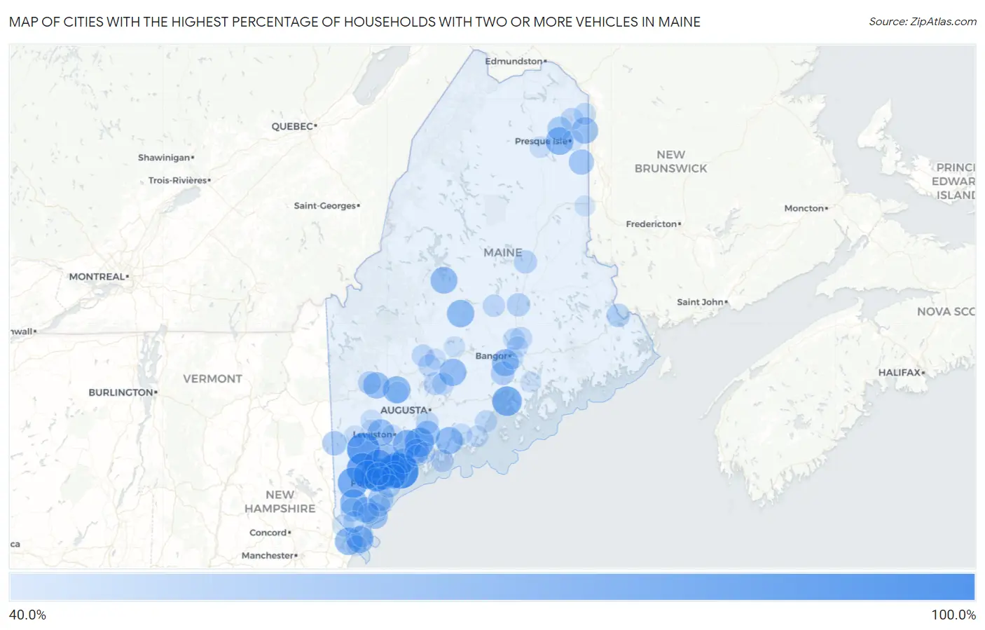 Cities with the Highest Percentage of Households With Two or more Vehicles in Maine Map