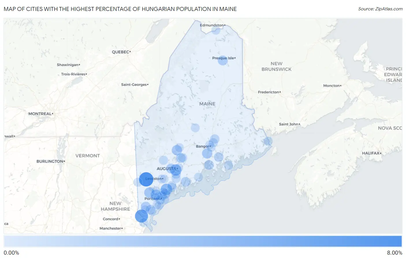 Cities with the Highest Percentage of Hungarian Population in Maine Map