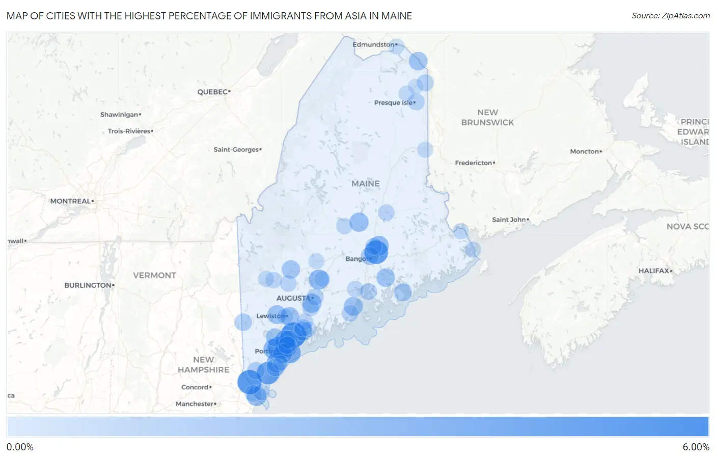 Cities with the Highest Percentage of Immigrants from Asia in Maine Map