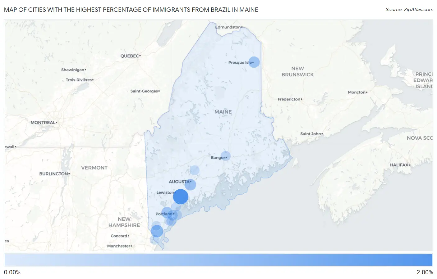 Cities with the Highest Percentage of Immigrants from Brazil in Maine Map