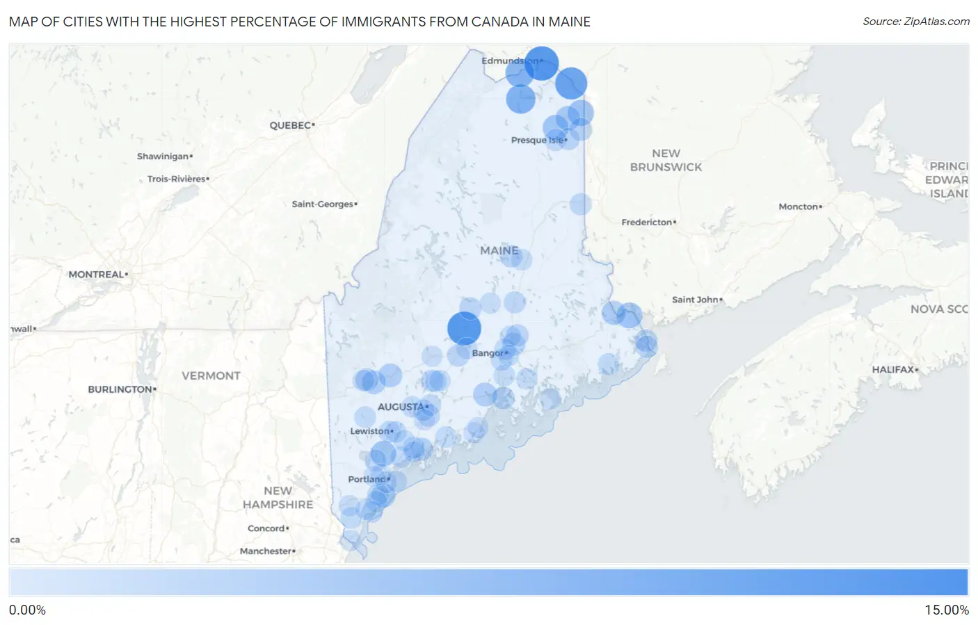 Cities with the Highest Percentage of Immigrants from Canada in Maine Map