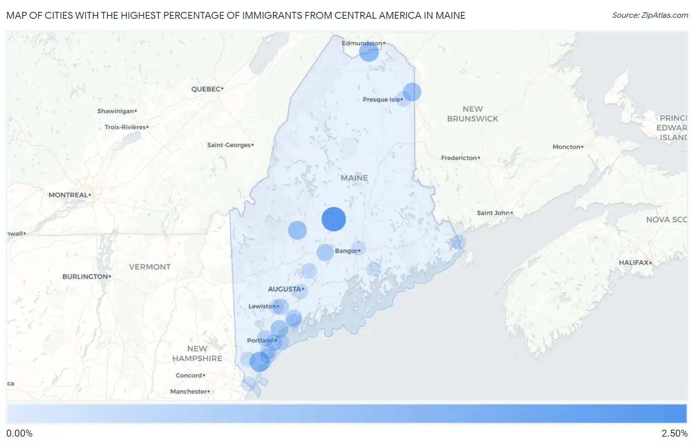Cities with the Highest Percentage of Immigrants from Central America in Maine Map