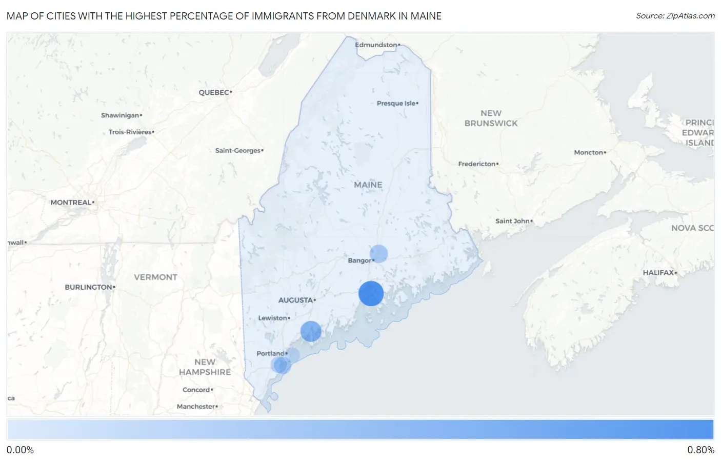 Cities with the Highest Percentage of Immigrants from Denmark in Maine Map