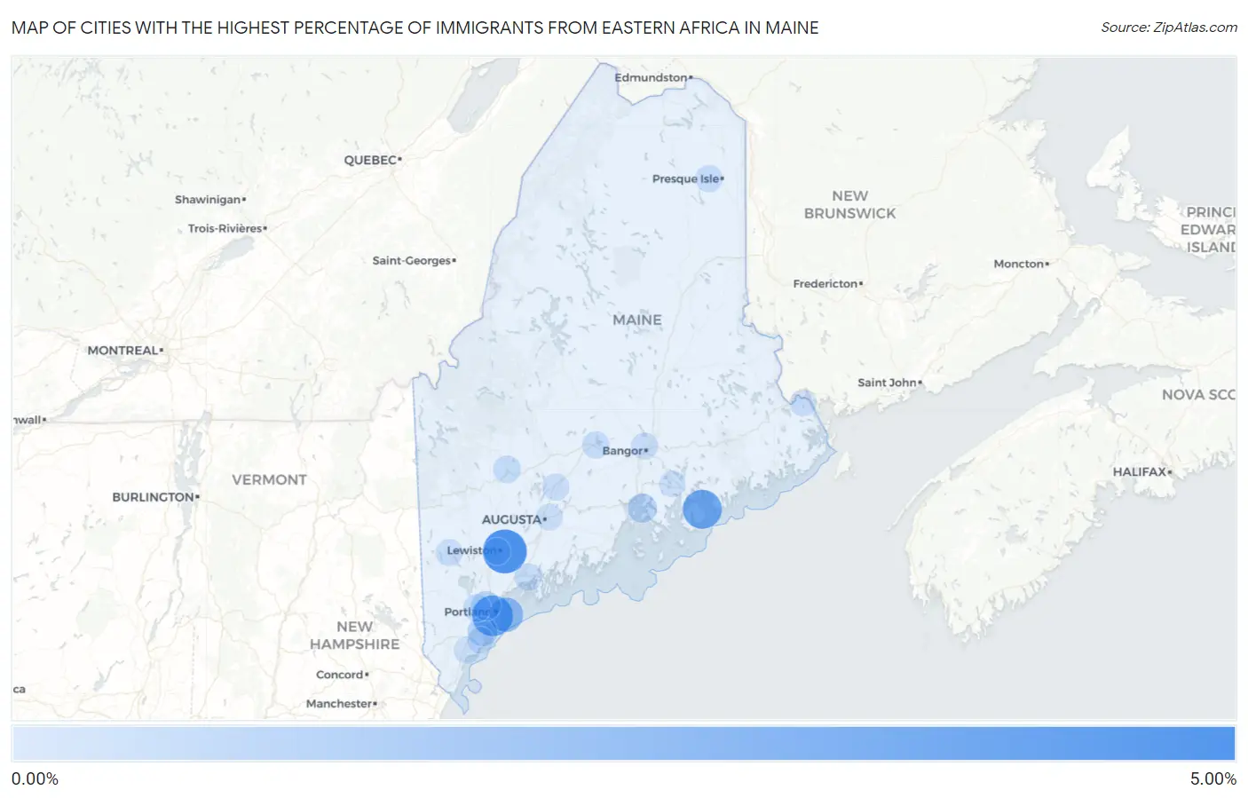 Cities with the Highest Percentage of Immigrants from Eastern Africa in Maine Map