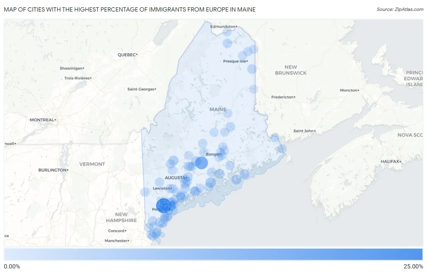 Cities with the Highest Percentage of Immigrants from Europe in Maine Map