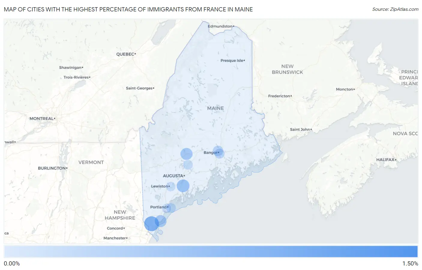 Cities with the Highest Percentage of Immigrants from France in Maine Map