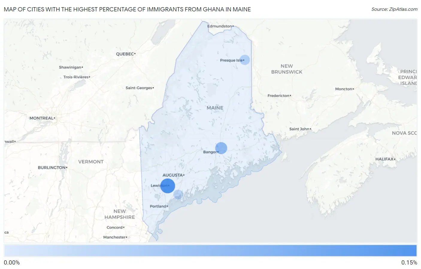 Cities with the Highest Percentage of Immigrants from Ghana in Maine Map